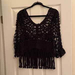 Umgee Black Knit Fringe Top